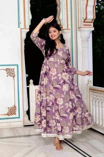 Womens purple flower printed with beautiful lace border details anarkali kurta