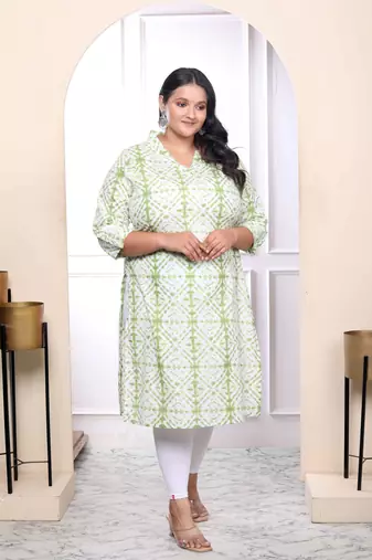 Womens plus size white and green tie dye cotton kurti