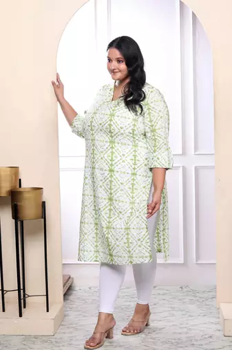 Womens plus size white and green tie dye cotton kurti