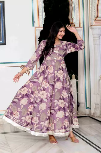 Womens purple flower printed with beautiful lace border details anarkali kurta