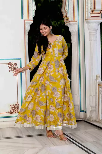 Womens cotton gotapatti and lace border details floral printed yellow anarkali kurta