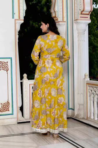 Womens cotton gotapatti and lace border details floral printed yellow anarkali kurta