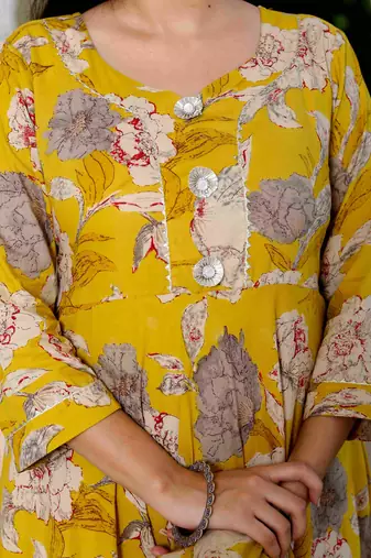 Womens cotton gotapatti and lace border details floral printed yellow anarkali kurta