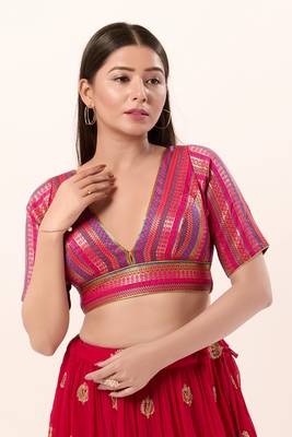 Designer Deep V-Neck Pink Brocade Blouse 1