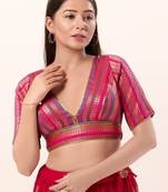 Designer Deep V-Neck Pink Brocade Blouse