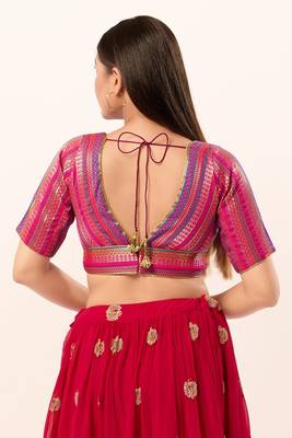 Designer Deep V-Neck Pink Brocade Blouse 2