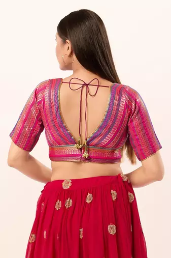 Designer Deep V-Neck Pink Brocade Blouse