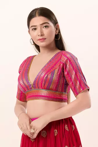 Designer Deep V-Neck Pink Brocade Blouse