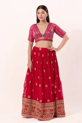 Designer Deep V-Neck Pink Brocade Blouse 4