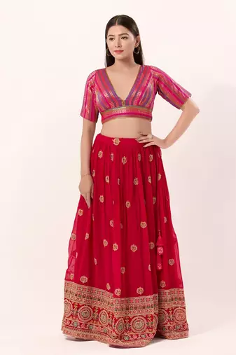 Designer Deep V-Neck Pink Brocade Blouse