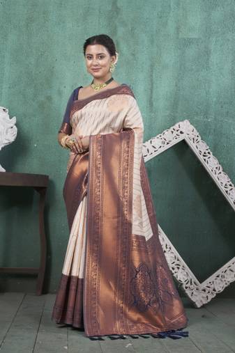 Royal Blue Kanchivaram Silk Zari Weaving With Gold Zari Border And Pallu Saree With Blouse For Women