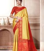 Yellow kanjivaram silk blend with Rich Gold Border And Elephant Motifs Saree With Blouse For Women