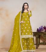 Mustard chinon embroidered palazzo salwar kameez