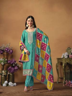 Chinon embroidered turquoise salwar kameez 1