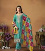 Chinon embroidered turquoise designer salwar kameez