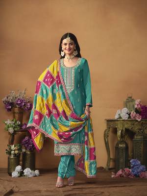 Chinon embroidered turquoise salwar kameez 2