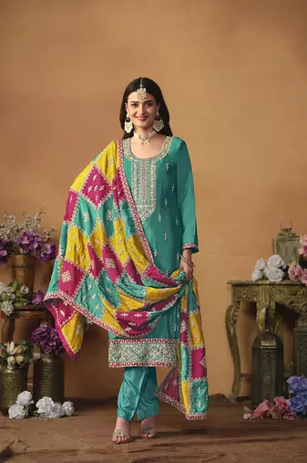 Chinon embroidered turquoise salwar kameez