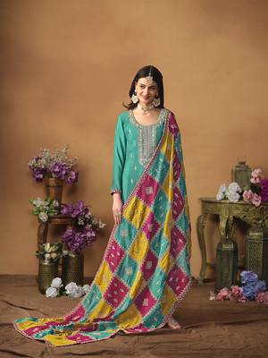 Chinon embroidered turquoise salwar kameez 3