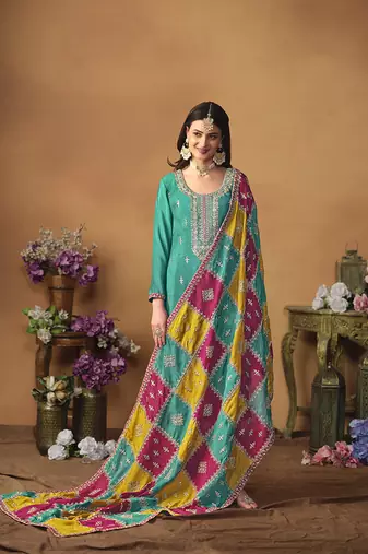 Chinon embroidered turquoise salwar kameez