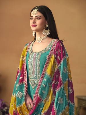 Chinon embroidered turquoise salwar kameez 4