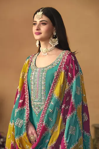 Chinon embroidered turquoise salwar kameez