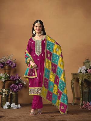 Chinon embroidered rani pink salwar kameez 1