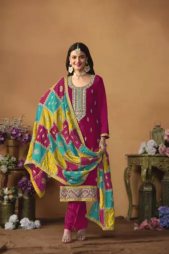 Chinon embroidered rani pink salwar kameez