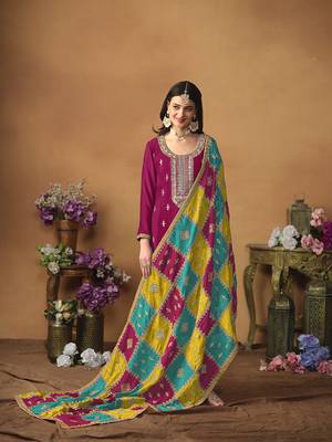 Chinon embroidered rani pink salwar kameez 3