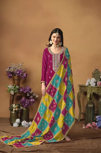 Chinon embroidered rani pink salwar kameez