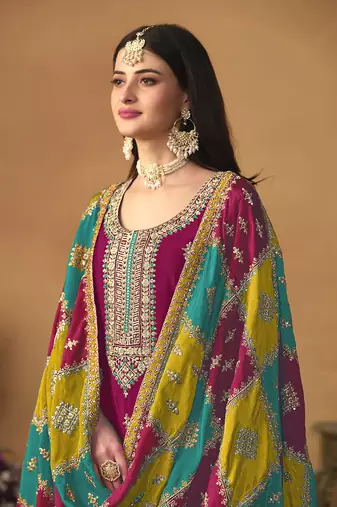 Chinon embroidered rani pink salwar kameez