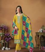 Chinon embroidered mustard designer salwar kameez