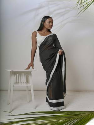 Black solid pure cotton saree with white border without blouse 1