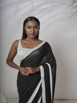 Black solid pure cotton saree with white border without blouse 2
