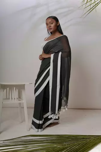 Black solid pure cotton saree with white border without blouse