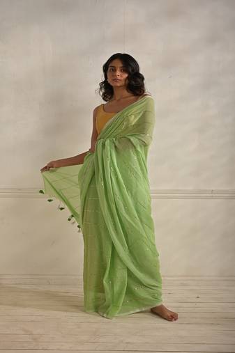 Mint green saree with sequined saree Without blouse