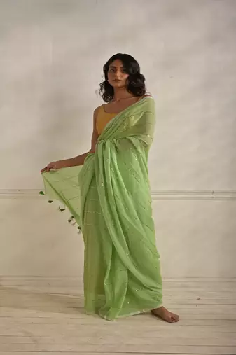 Mint green saree with sequined saree Without blouse