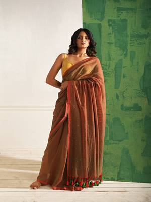 Brown cotton saree with beaded sequins Without blouse 1