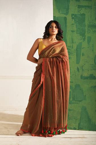 Brown cotton saree with beaded sequins Without blouse