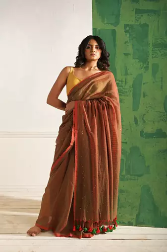 Brown cotton saree with beaded sequins Without blouse