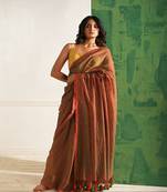 Brown cotton saree with beaded sequins Without blouse