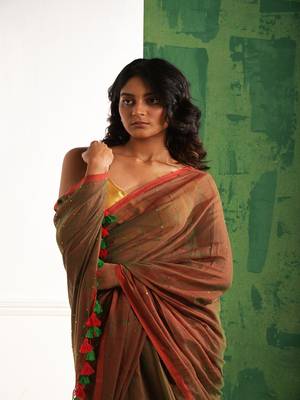Brown cotton saree with beaded sequins Without blouse 2