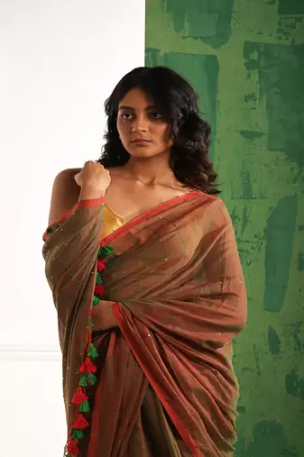 Brown cotton saree with beaded sequins Without blouse