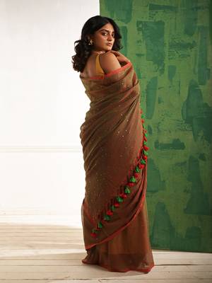 Brown cotton saree with beaded sequins Without blouse 3
