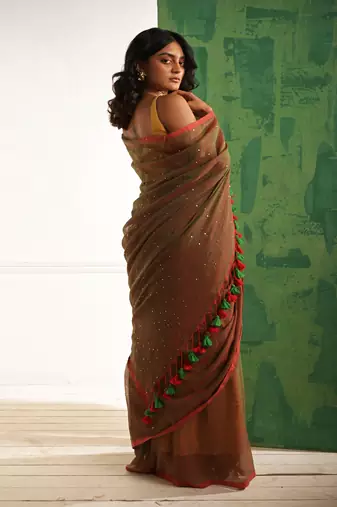 Brown cotton saree with beaded sequins Without blouse