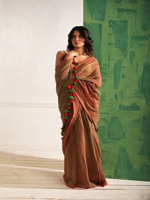 Brown cotton saree with beaded sequins Without blouse 4