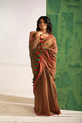 Brown cotton saree with beaded sequins Without blouse