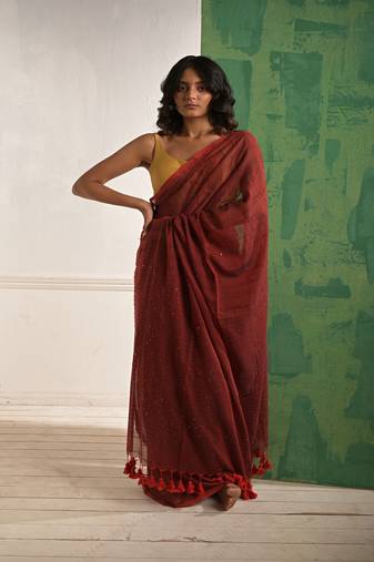 Maroon cotton saree with beaded sequins Without blouse