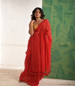 Red cotton saree with beaded sequins Without blouse
