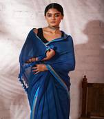 Light blue cotton saree with grey and blue border Without blouse