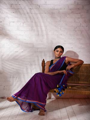 Violet cotton saree with pink and blue border Without blouse 1